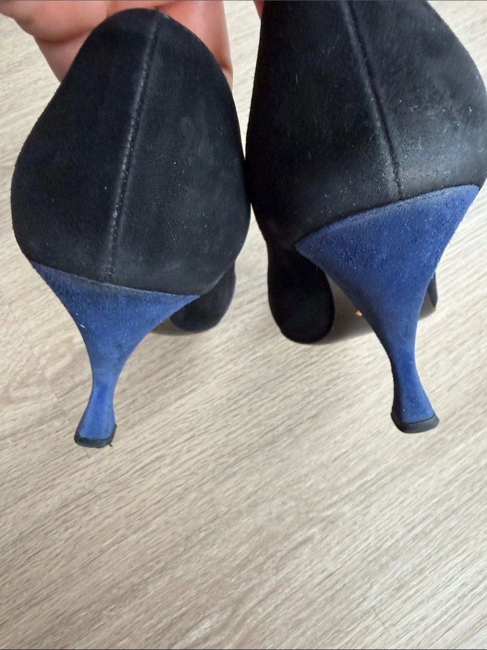 Prada Black Suede Peep Toe Pumps Blue Heels Size 39.5